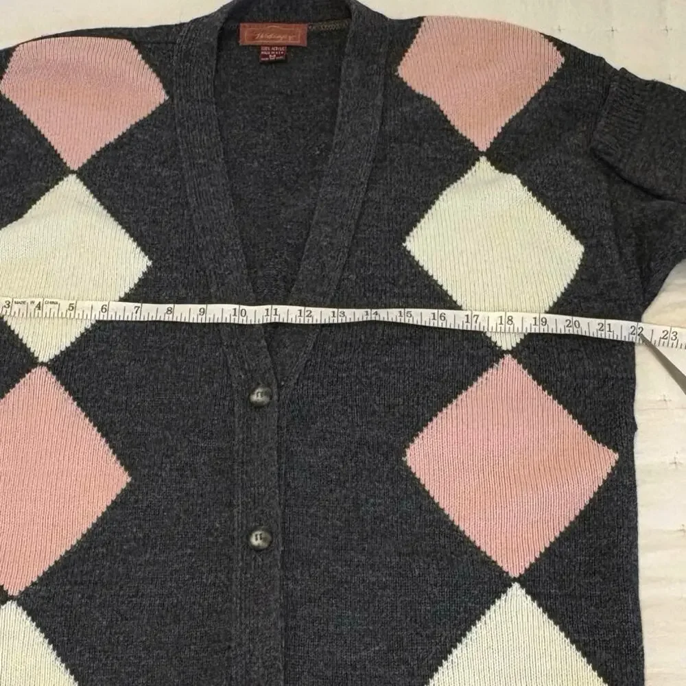 Vintage Worthington Argyle Cardigan Sweater Women's M | Gray Pink White V-Neck